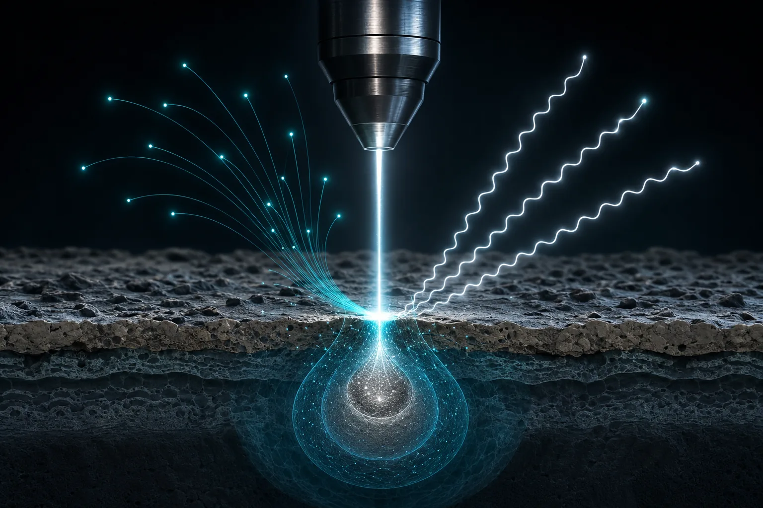 Electron beam interacting with a sample and generating secondary electrons, backscattered electrons, and X-ray signals